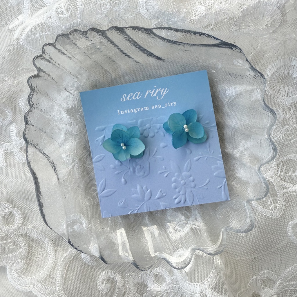 no.208 ブルーグラデの紫陽花ピアス マット加工 本物のお花 アジサイ 紫陽花 パール ステンレス ピアス