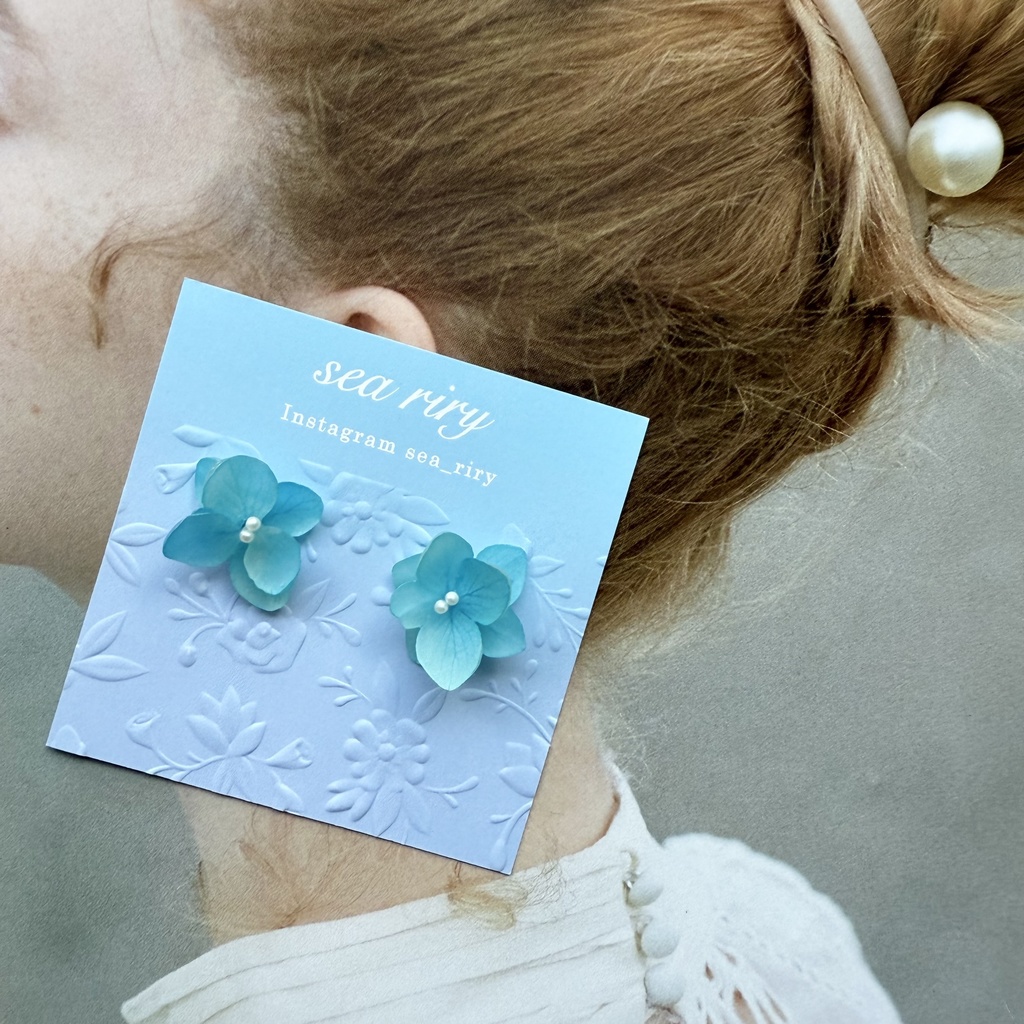 no.208 ブルーグラデの紫陽花ピアス マット加工 本物のお花 アジサイ 紫陽花 パール ステンレス ピアス