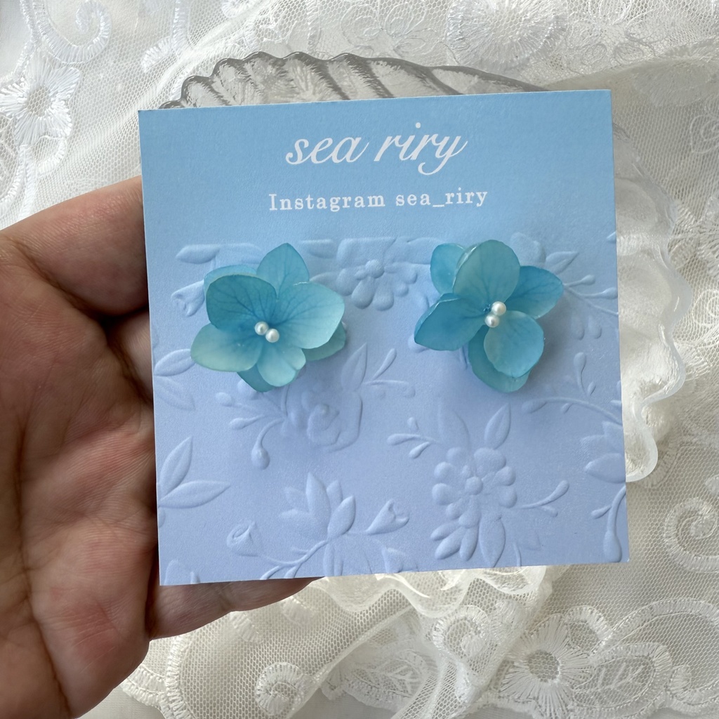 no.208 ブルーグラデの紫陽花ピアス マット加工 本物のお花 アジサイ 紫陽花 パール ステンレス ピアス