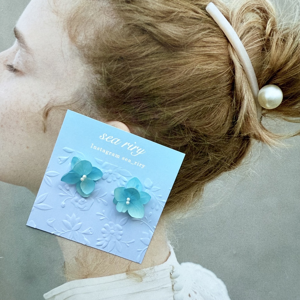 no.208 ブルーグラデの紫陽花ピアス マット加工 本物のお花 アジサイ 紫陽花 パール ステンレス ピアス