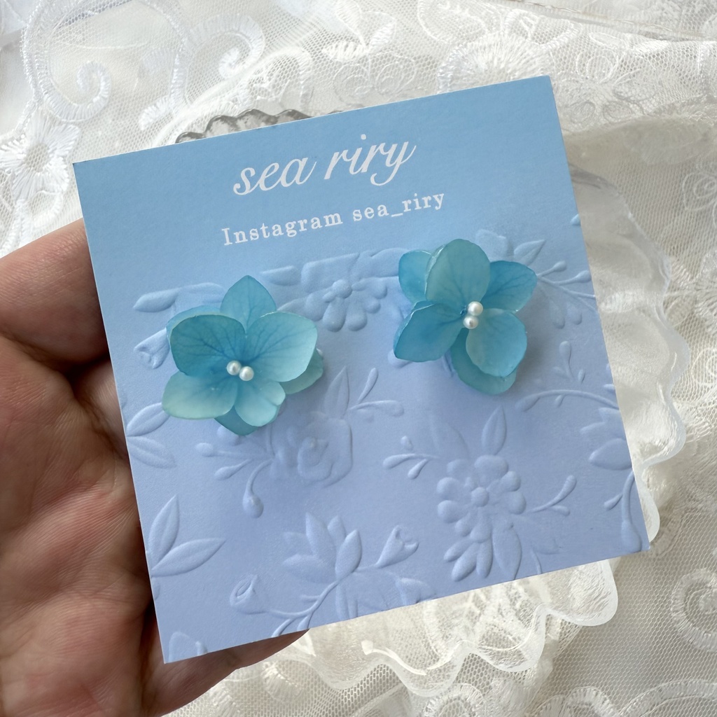 no.208 ブルーグラデの紫陽花ピアス マット加工 本物のお花 アジサイ 紫陽花 パール ステンレス ピアス