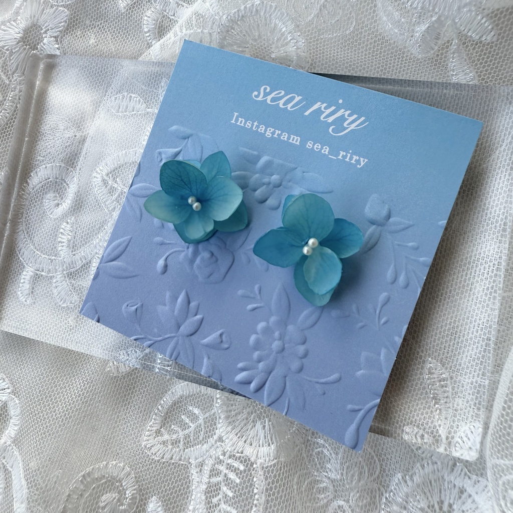 no.208 ブルーグラデの紫陽花ピアス マット加工 本物のお花 アジサイ 紫陽花 パール ステンレス ピアス