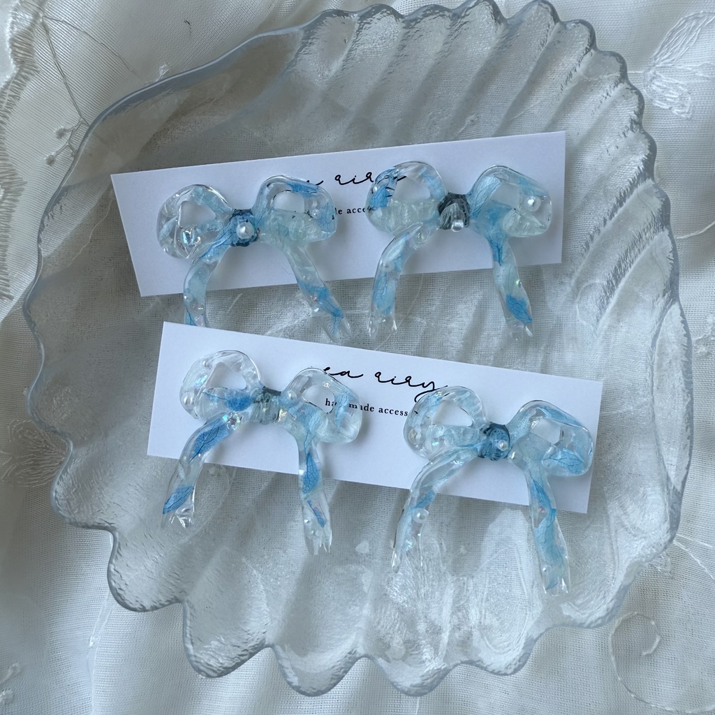 no.209 紫陽花とパールのリボンピアス 夏色 ブルー リボン 本物のお花 アジサイ パール ステンレス ピアス