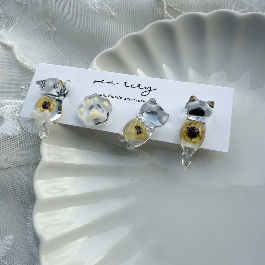 no.213 再販 限定セット 向日葵ねこちゃん ピアスセット ひまわり 猫 ネコ ステンレス ピアス