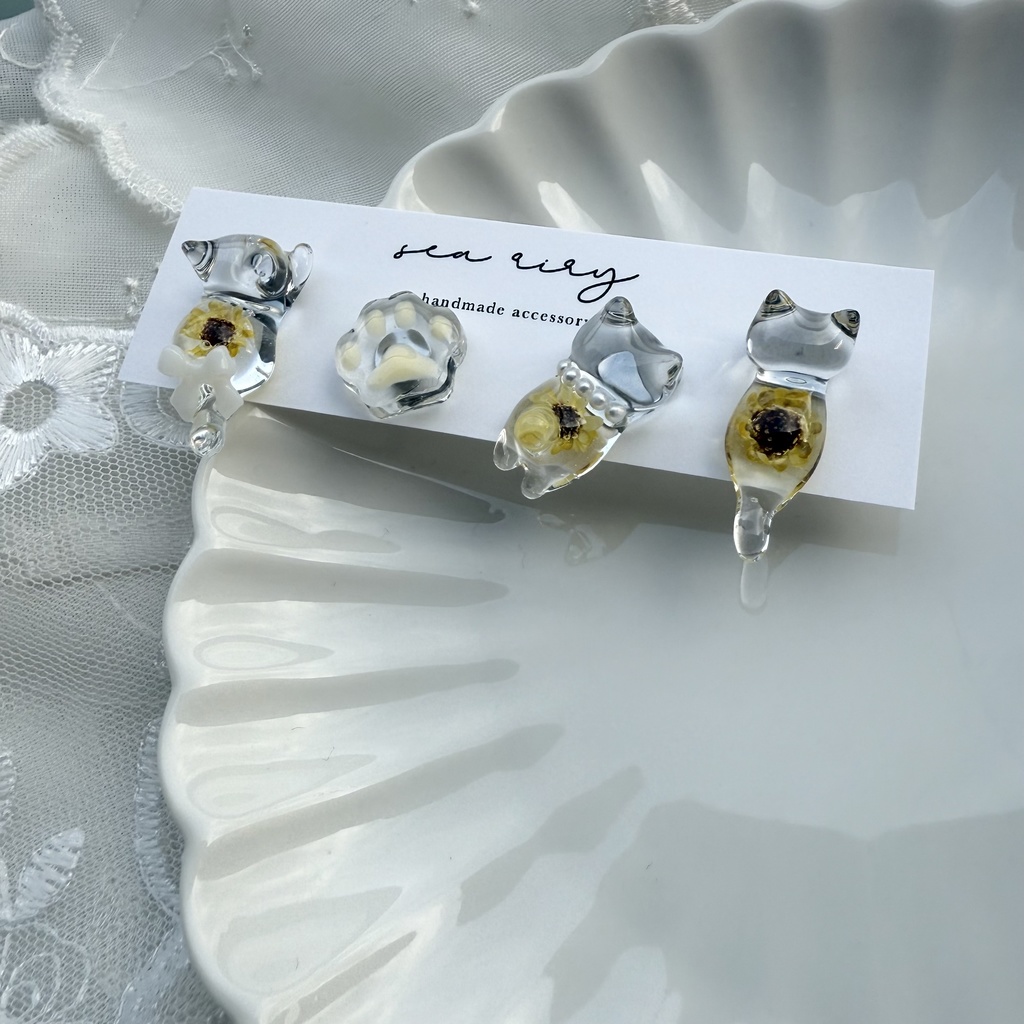 no.213 再販 限定セット 向日葵ねこちゃん ピアスセット ひまわり 猫 ネコ ステンレス ピアス