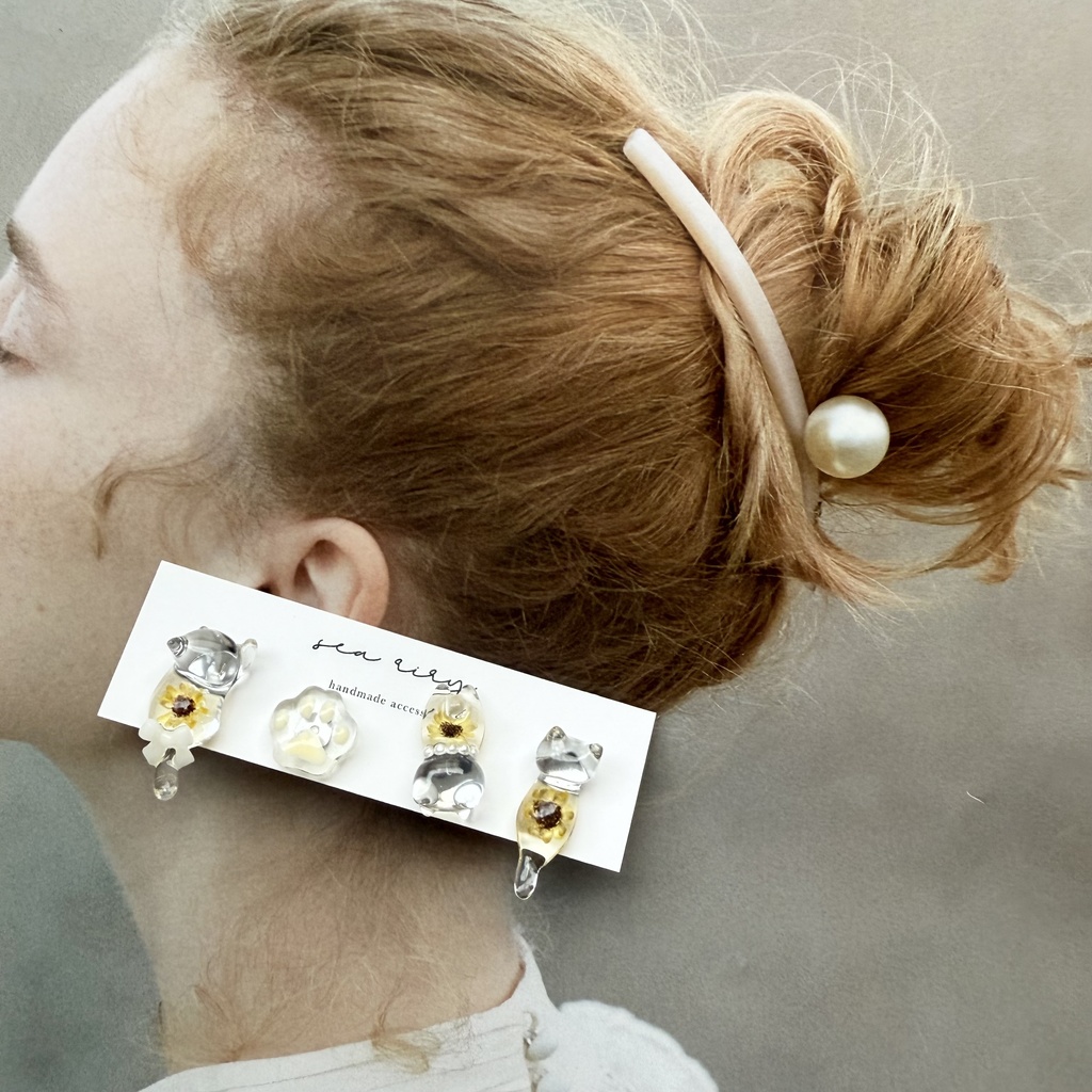 no.213 再販 限定セット 向日葵ねこちゃん ピアスセット ひまわり 猫 ネコ ステンレス ピアス