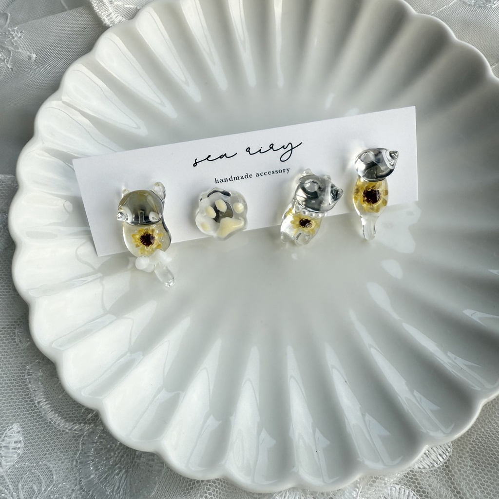 no.213 再販 限定セット 向日葵ねこちゃん ピアスセット ひまわり 猫 ネコ ステンレス ピアス