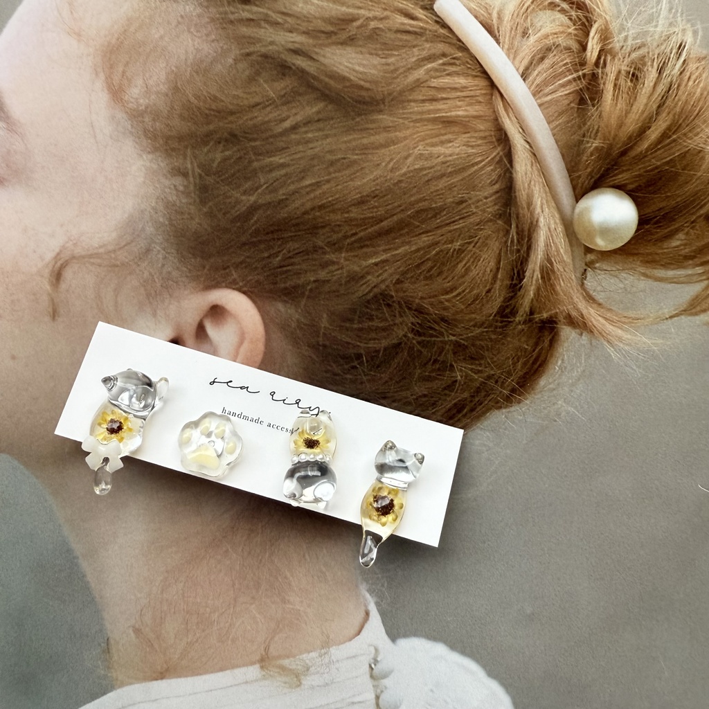 no.213  再販　限定セット　向日葵ねこちゃん　ピアスセット　ひまわり　猫　ネコ　ステンレス　ピアス