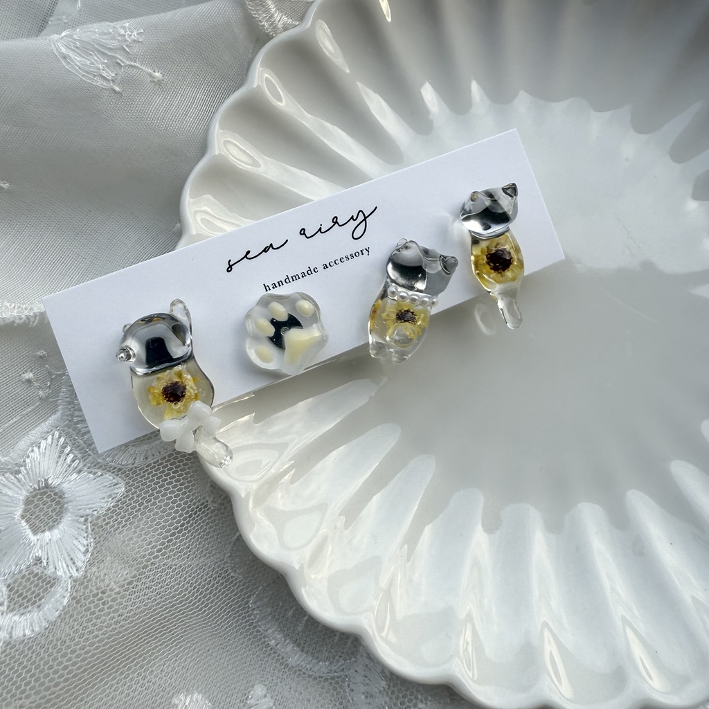 no.213 再販 限定セット 向日葵ねこちゃん ピアスセット ひまわり 猫 ネコ ステンレス ピアス