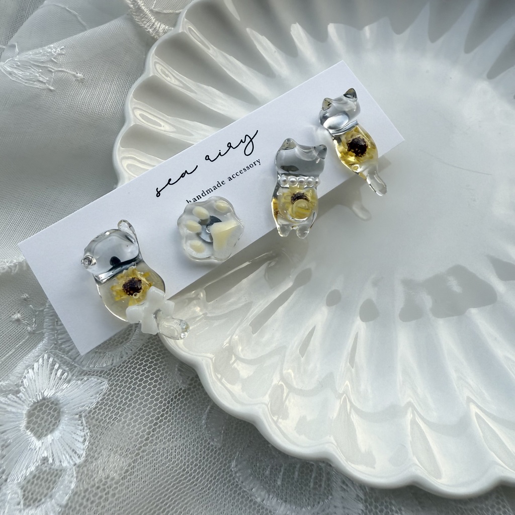 no.213 再販 限定セット 向日葵ねこちゃん ピアスセット ひまわり 猫 ネコ ステンレス ピアス