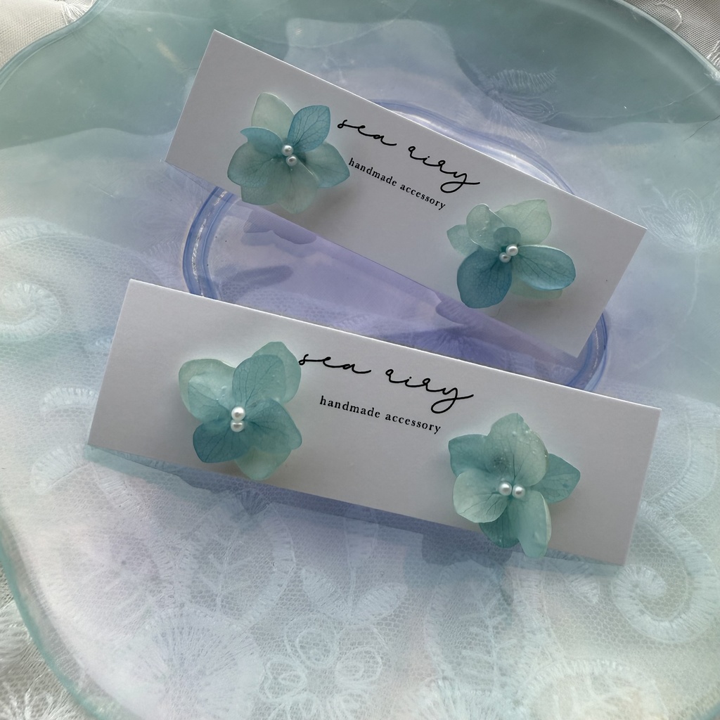 no.214 再販 ブルーグラデの紫陽花ピアス マット加工 本物のお花 アジサイ パール ステンレス ピアス