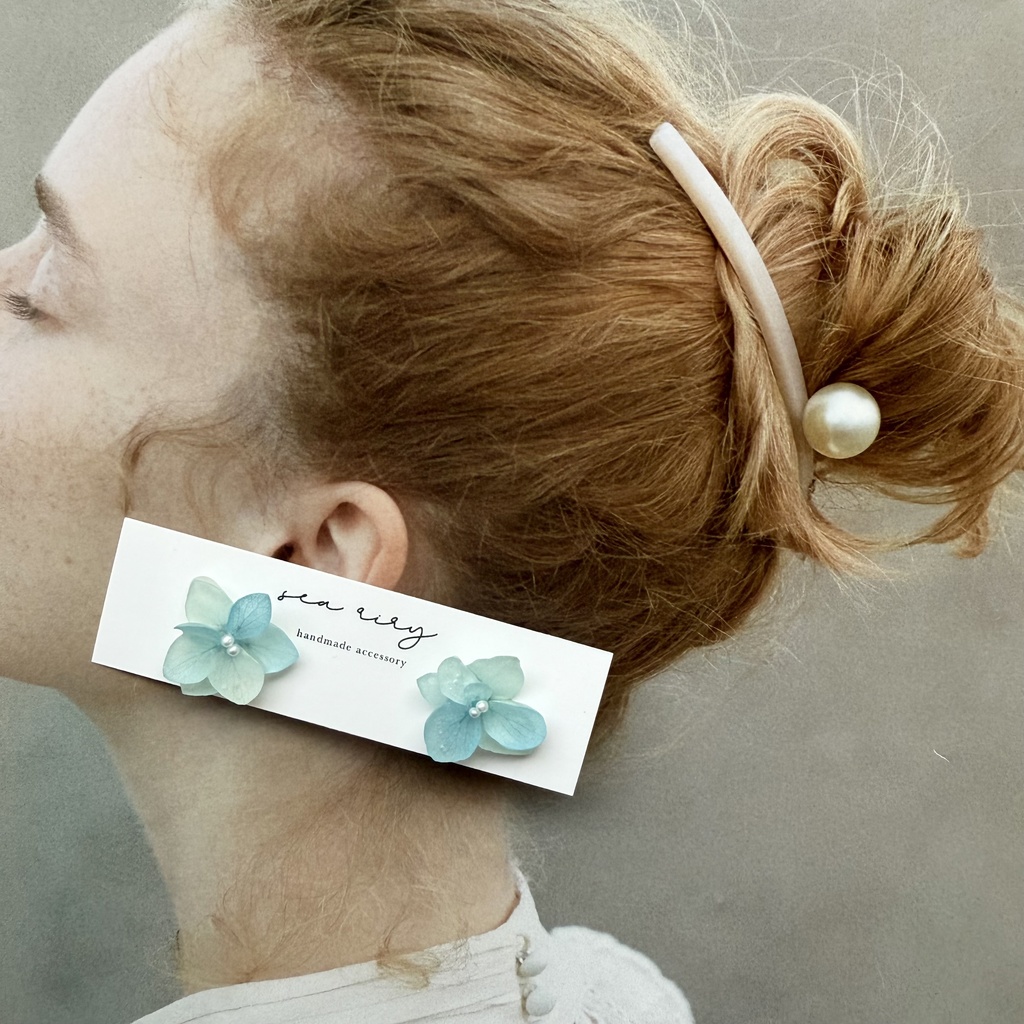 no.214 再販 ブルーグラデの紫陽花ピアス マット加工 本物のお花 アジサイ パール ステンレス ピアス