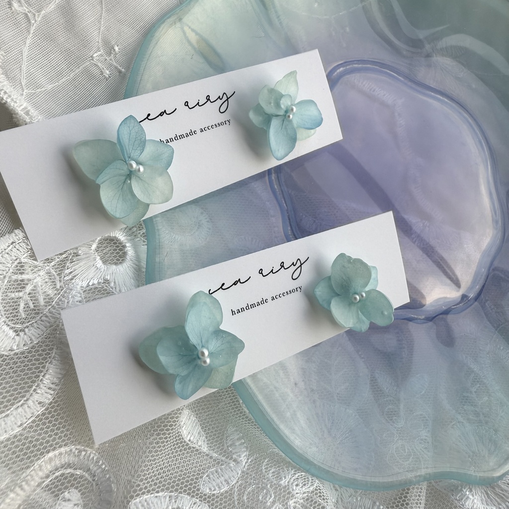 no.214 再販 ブルーグラデの紫陽花ピアス マット加工 本物のお花 アジサイ パール ステンレス ピアス