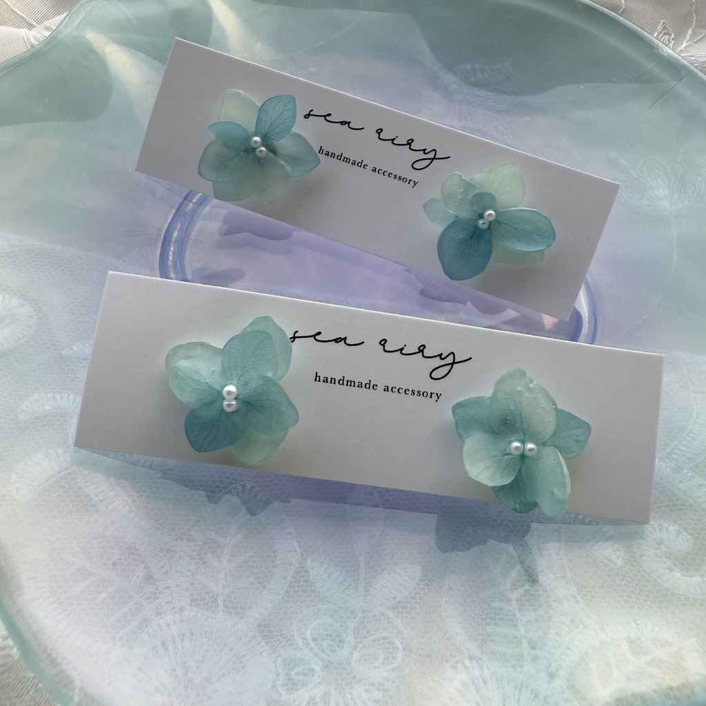 no.214 再販 ブルーグラデの紫陽花ピアス マット加工 本物のお花 アジサイ パール ステンレス ピアス