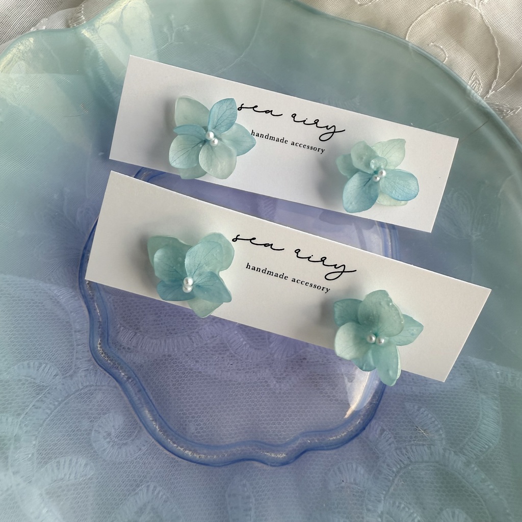 no.214 再販 ブルーグラデの紫陽花ピアス マット加工 本物のお花 アジサイ パール ステンレス ピアス