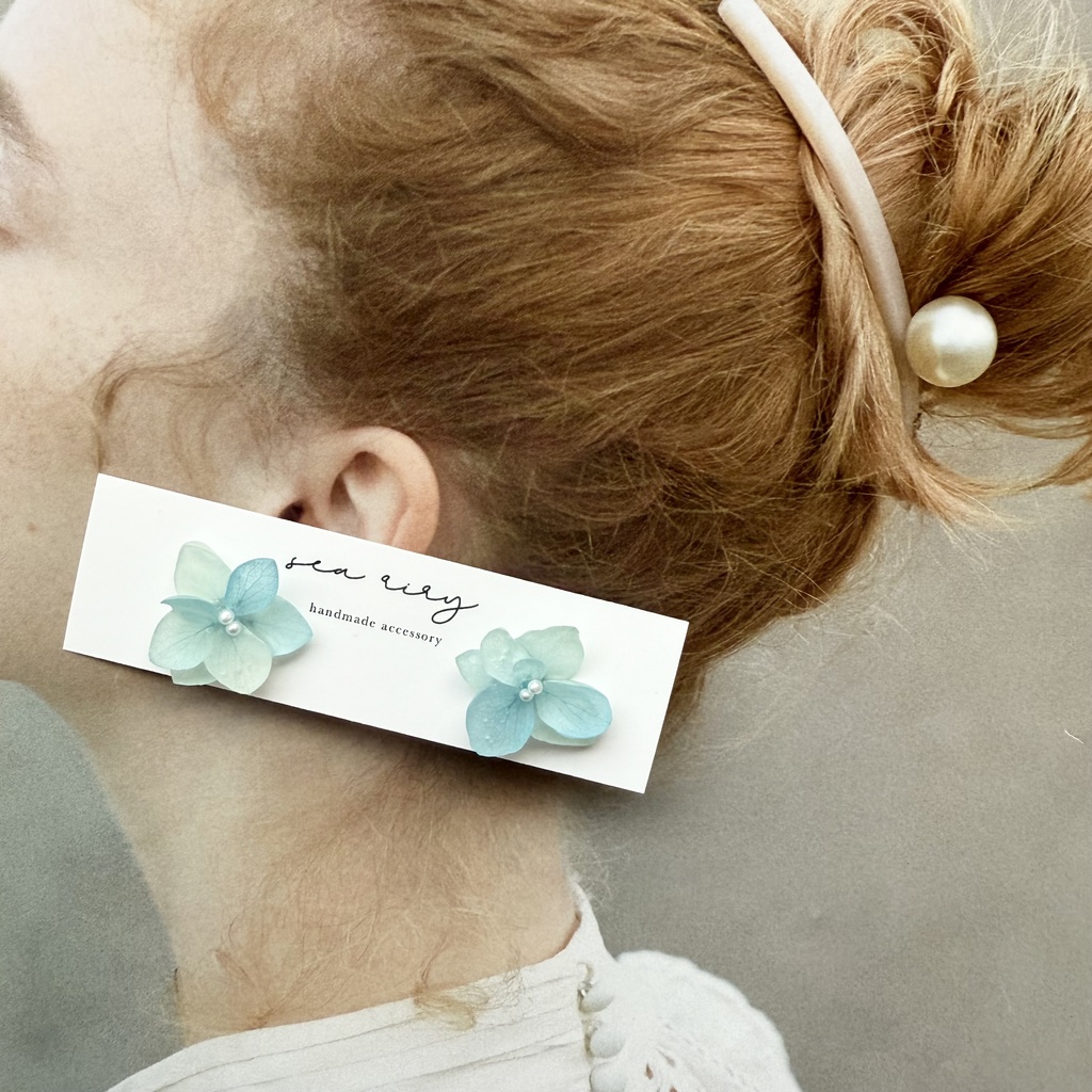 no.214 再販 ブルーグラデの紫陽花ピアス マット加工 本物のお花 アジサイ パール ステンレス ピアス