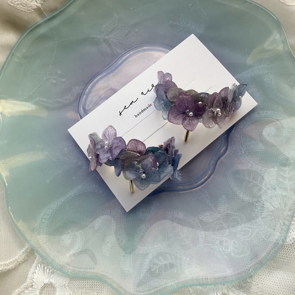 no.216 限定セット マーメイドカラーの紫陽花ポニーフック 本物のお花 アジサイ 紫陽花 ヘアアクセサリー 髪飾り ヘア