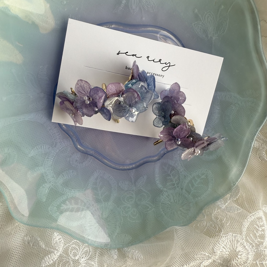 no.216 限定セット マーメイドカラーの紫陽花ポニーフック 本物のお花 アジサイ 紫陽花 ヘアアクセサリー 髪飾り ヘア