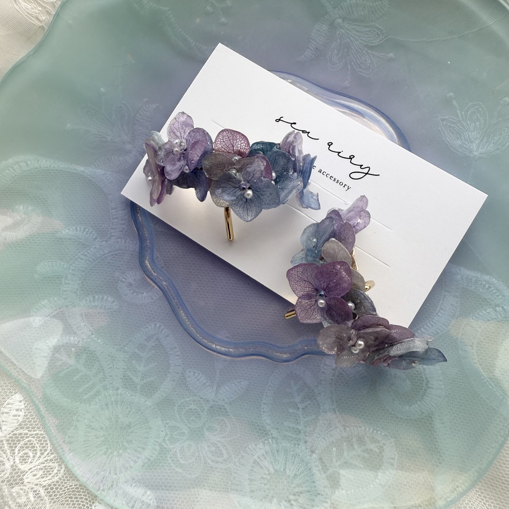 no.216 限定セット マーメイドカラーの紫陽花ポニーフック 本物のお花 アジサイ 紫陽花 ヘアアクセサリー 髪飾り ヘア