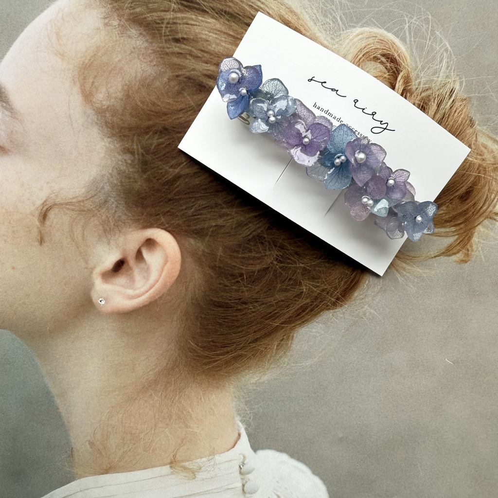 no.217 再販 マーメイドカラーの紫陽花ヘアバレッタ 本物のお花 紫陽花 ヘアアクセサリー ヘアバレッタ 髪飾り 髪留め
