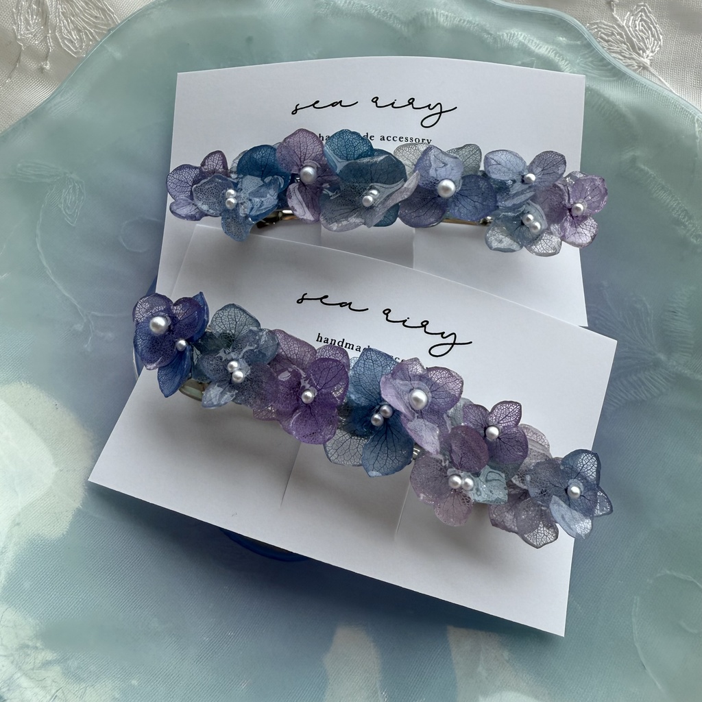 no.217 再販 マーメイドカラーの紫陽花ヘアバレッタ 本物のお花 紫陽花 ヘアアクセサリー ヘアバレッタ 髪飾り 髪留め