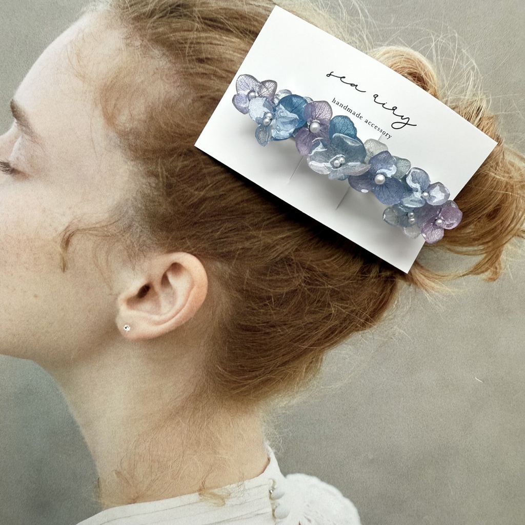 no.217 再販 マーメイドカラーの紫陽花ヘアバレッタ 本物のお花 紫陽花 ヘアアクセサリー ヘアバレッタ 髪飾り 髪留め