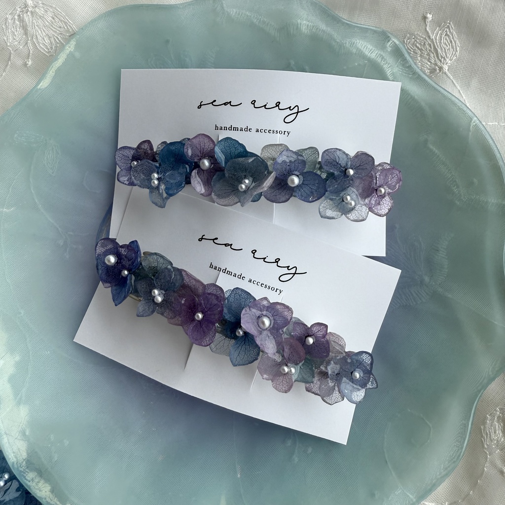 no.217 再販 マーメイドカラーの紫陽花ヘアバレッタ 本物のお花 紫陽花 ヘアアクセサリー ヘアバレッタ 髪飾り 髪留め