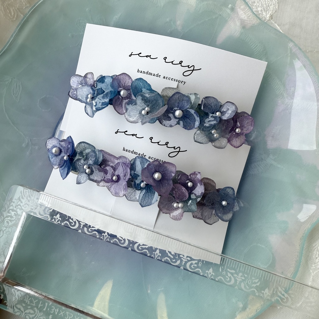 no.217 再販 マーメイドカラーの紫陽花ヘアバレッタ 本物のお花 紫陽花 ヘアアクセサリー ヘアバレッタ 髪飾り 髪留め