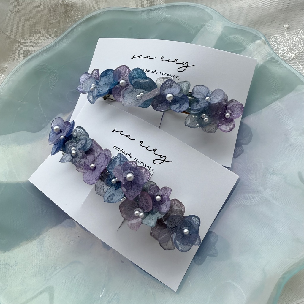 no.217 再販 マーメイドカラーの紫陽花ヘアバレッタ 本物のお花 紫陽花 ヘアアクセサリー ヘアバレッタ 髪飾り 髪留め