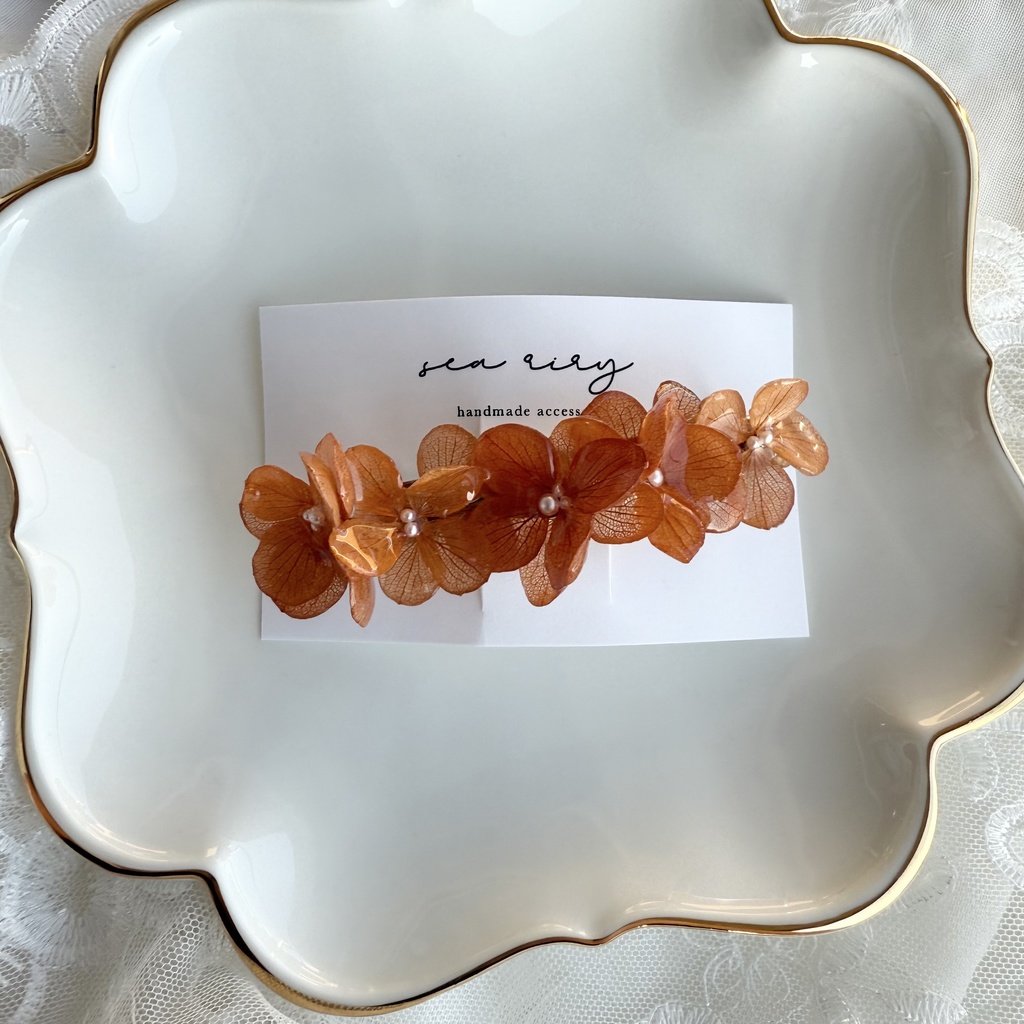 no.220 ブリックオレンジの紫陽花ヘアバレッタ 本物のお花 紫陽花 ヘアアクセサリー ヘアバレッタ 髪飾り 髪留め