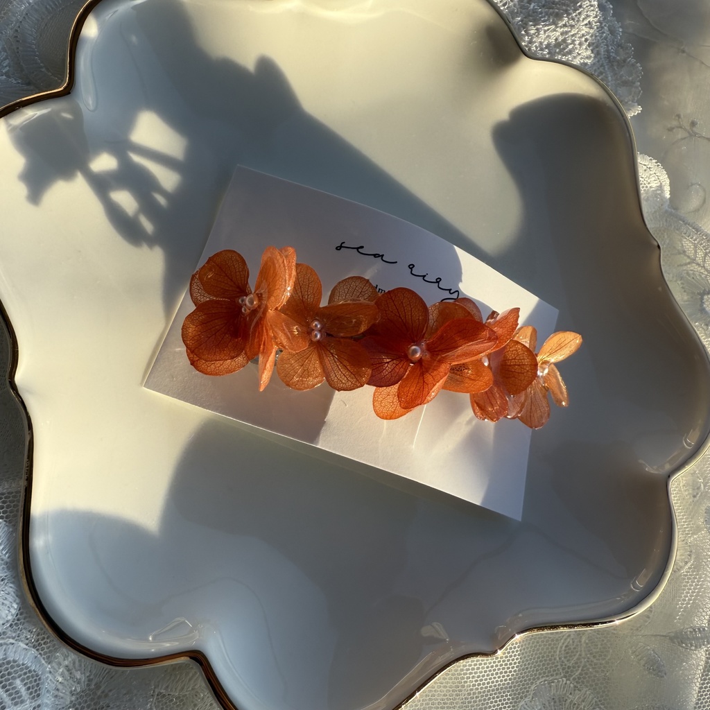 no.220 ブリックオレンジの紫陽花ヘアバレッタ 本物のお花 紫陽花 ヘアアクセサリー ヘアバレッタ 髪飾り 髪留め