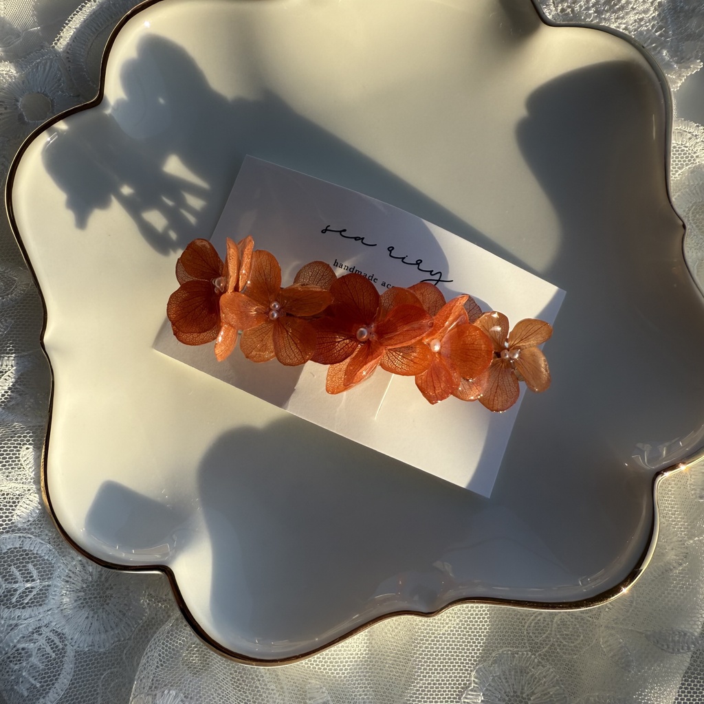 no.220 ブリックオレンジの紫陽花ヘアバレッタ 本物のお花 紫陽花 ヘアアクセサリー ヘアバレッタ 髪飾り 髪留め