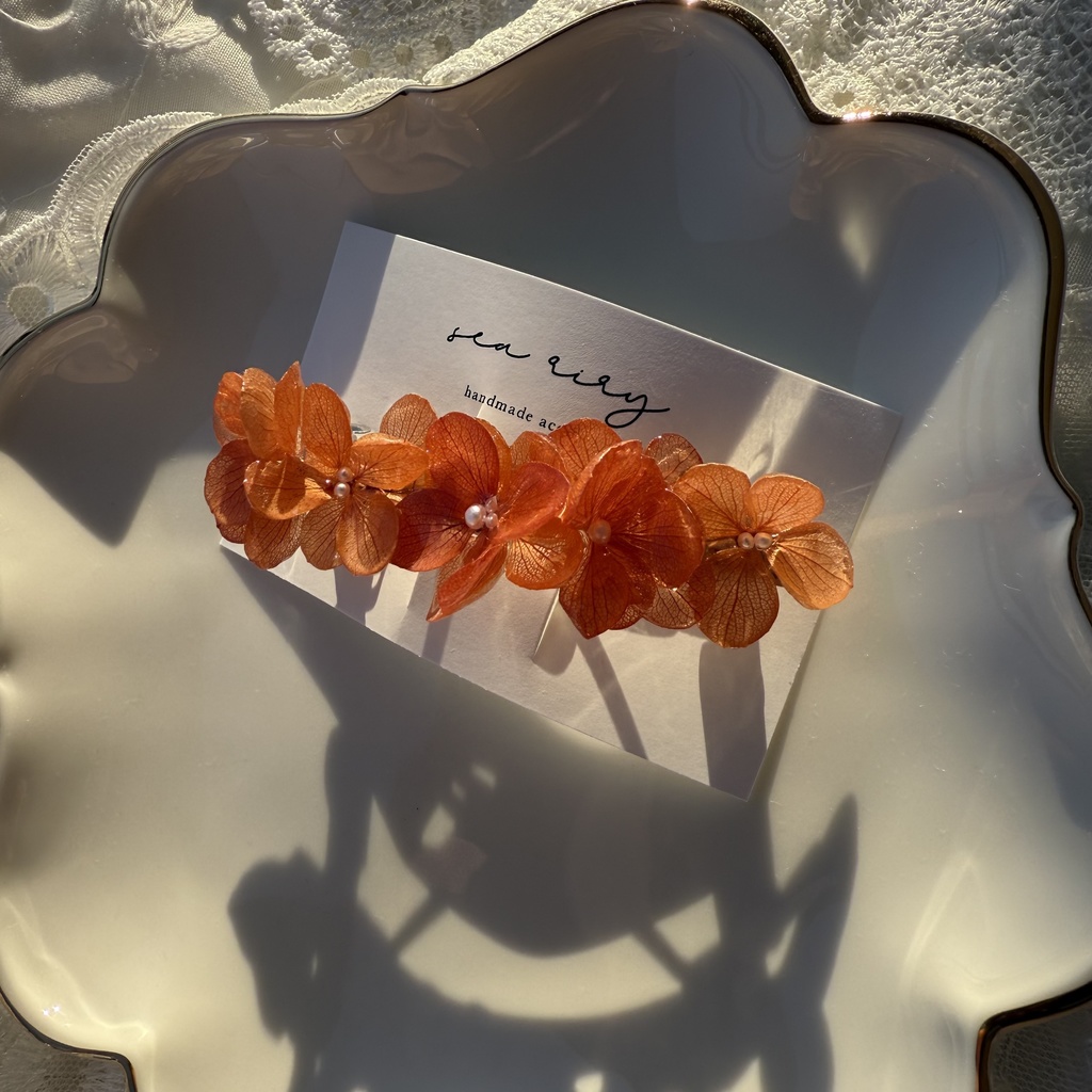 no.220 ブリックオレンジの紫陽花ヘアバレッタ 本物のお花 紫陽花 ヘアアクセサリー ヘアバレッタ 髪飾り 髪留め