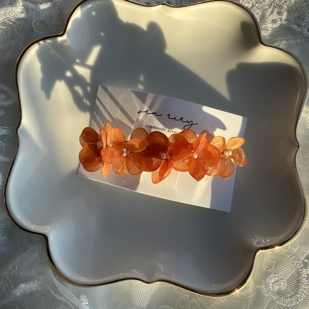 no.220 ブリックオレンジの紫陽花ヘアバレッタ 本物のお花 紫陽花 ヘアアクセサリー ヘアバレッタ 髪飾り 髪留め