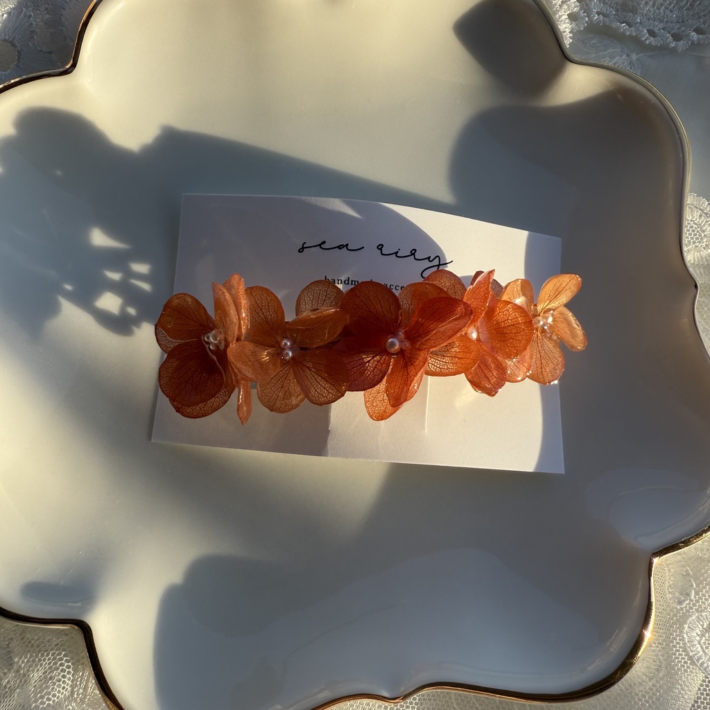 no.220 ブリックオレンジの紫陽花ヘアバレッタ 本物のお花 紫陽花 ヘアアクセサリー ヘアバレッタ 髪飾り 髪留め