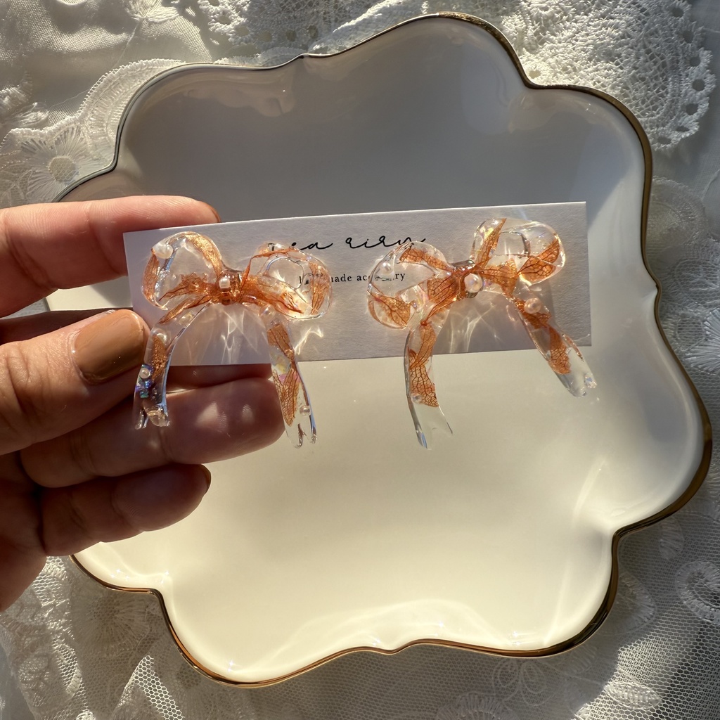 no.221  紫陽花とパールのリボンピアス  本物のお花  ブリックオレンジ  オレンジ色  リボン  パール  ピアス