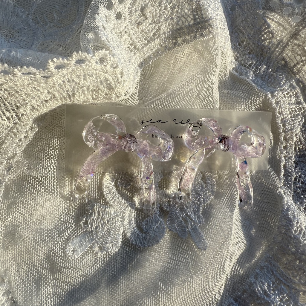 no.223  紫陽花とパールのリボンピアス  本物のお花  パープルライラック パープル リボン  パール  ピアス