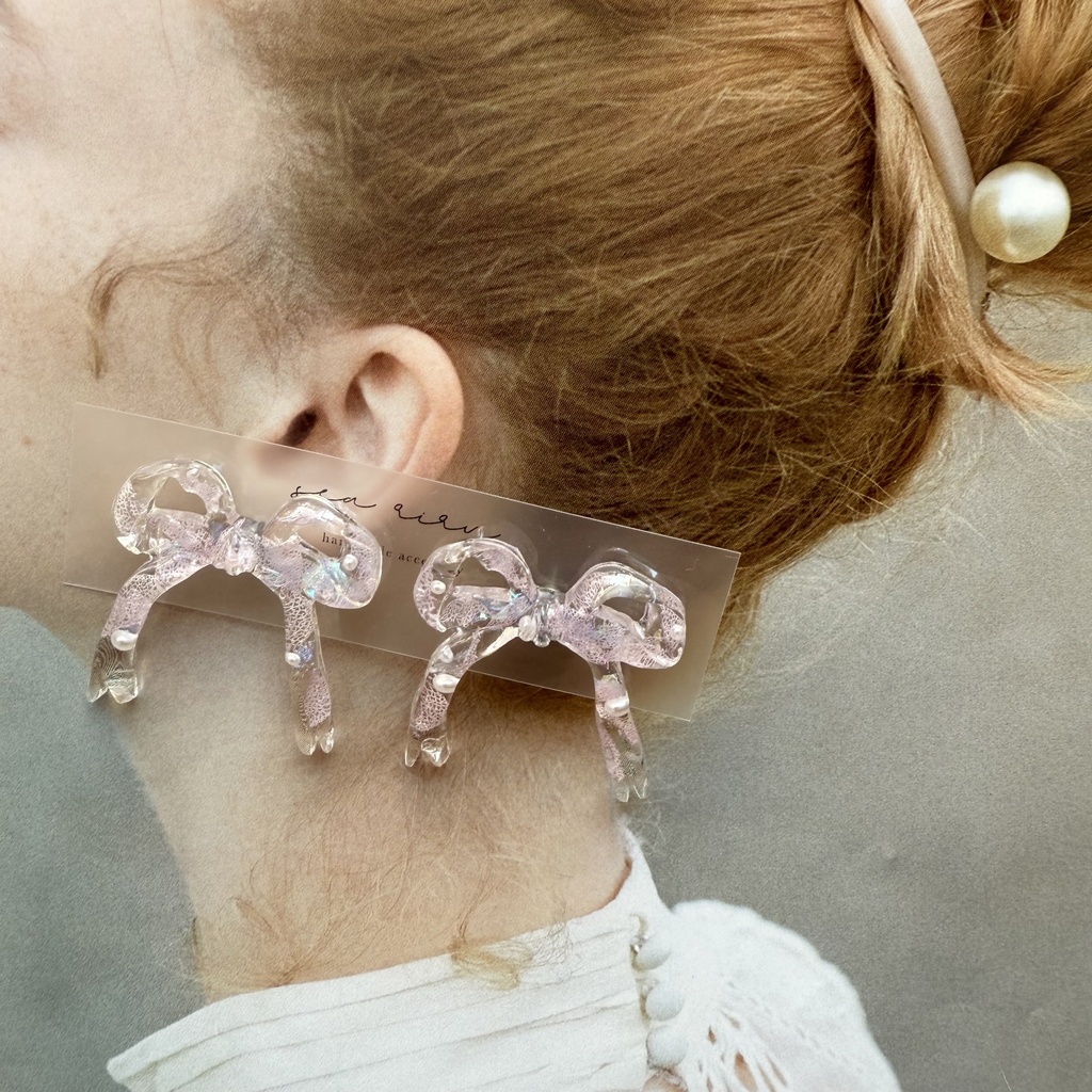 no.223 紫陽花とパールのリボンピアス 本物のお花 パープルライラック パープル リボン パール ピアス