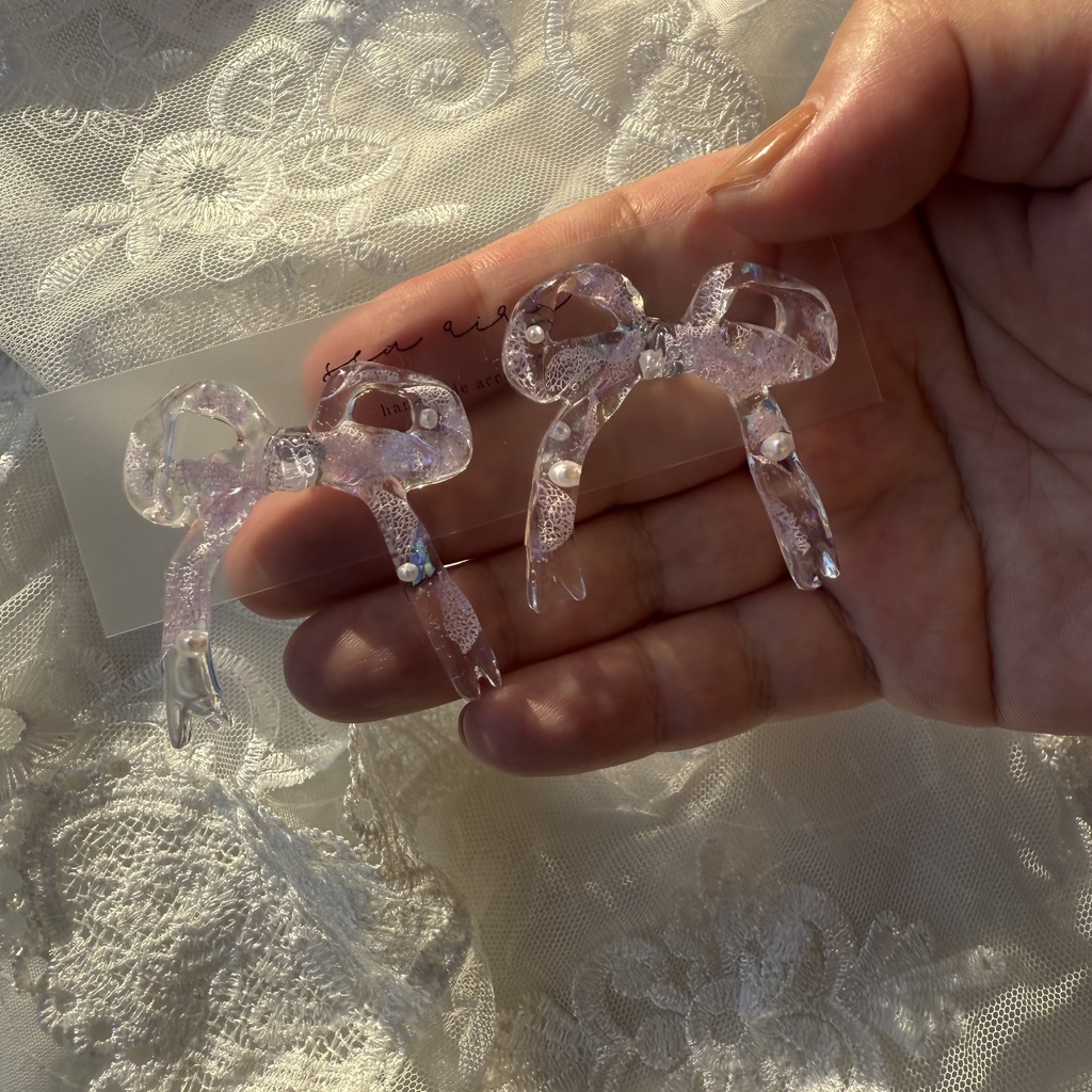 no.223  紫陽花とパールのリボンピアス  本物のお花  パープルライラック パープル リボン  パール  ピアス