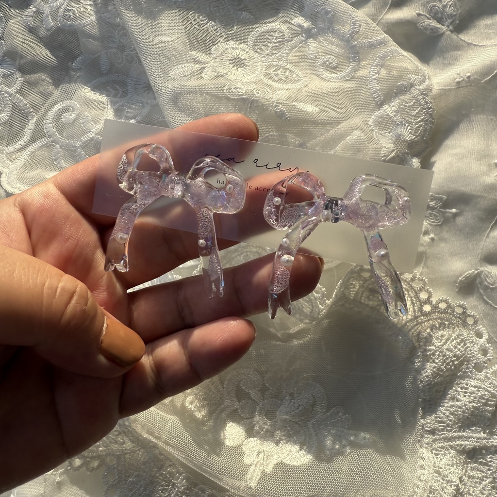 no.223  紫陽花とパールのリボンピアス  本物のお花  パープルライラック パープル リボン  パール  ピアス