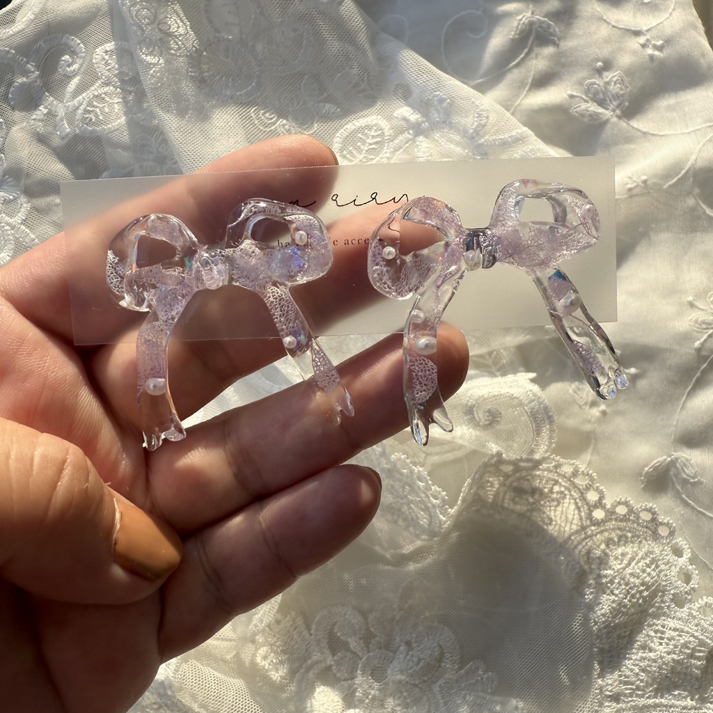 no.223  紫陽花とパールのリボンピアス  本物のお花  パープルライラック パープル リボン  パール  ピアス