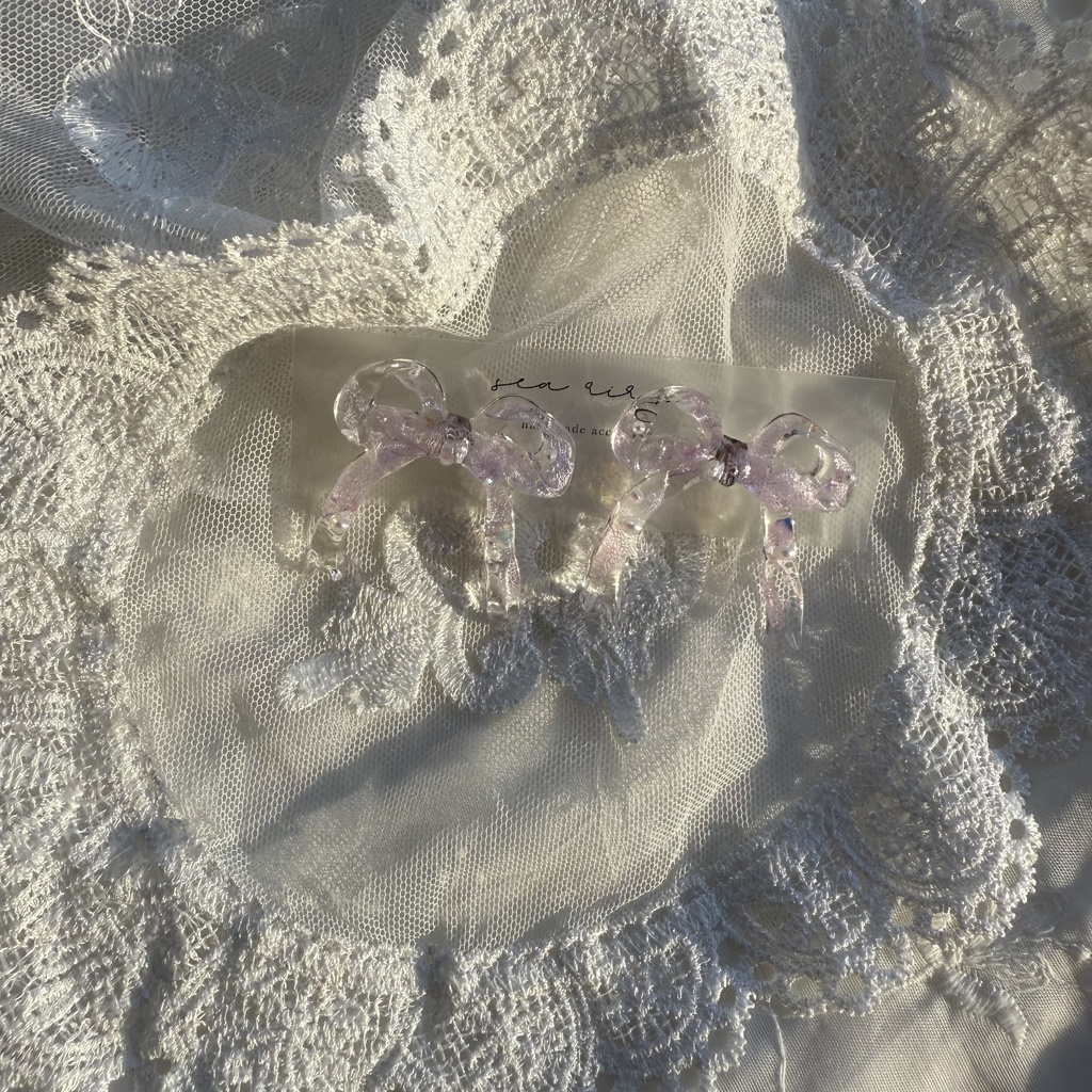 no.223  紫陽花とパールのリボンピアス  本物のお花  パープルライラック パープル リボン  パール  ピアス