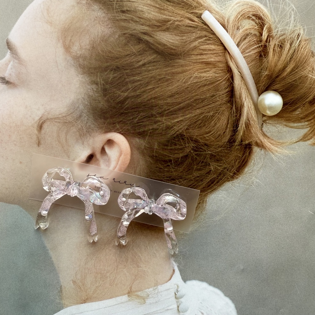 no.223  紫陽花とパールのリボンピアス  本物のお花  パープルライラック パープル リボン  パール  ピアス