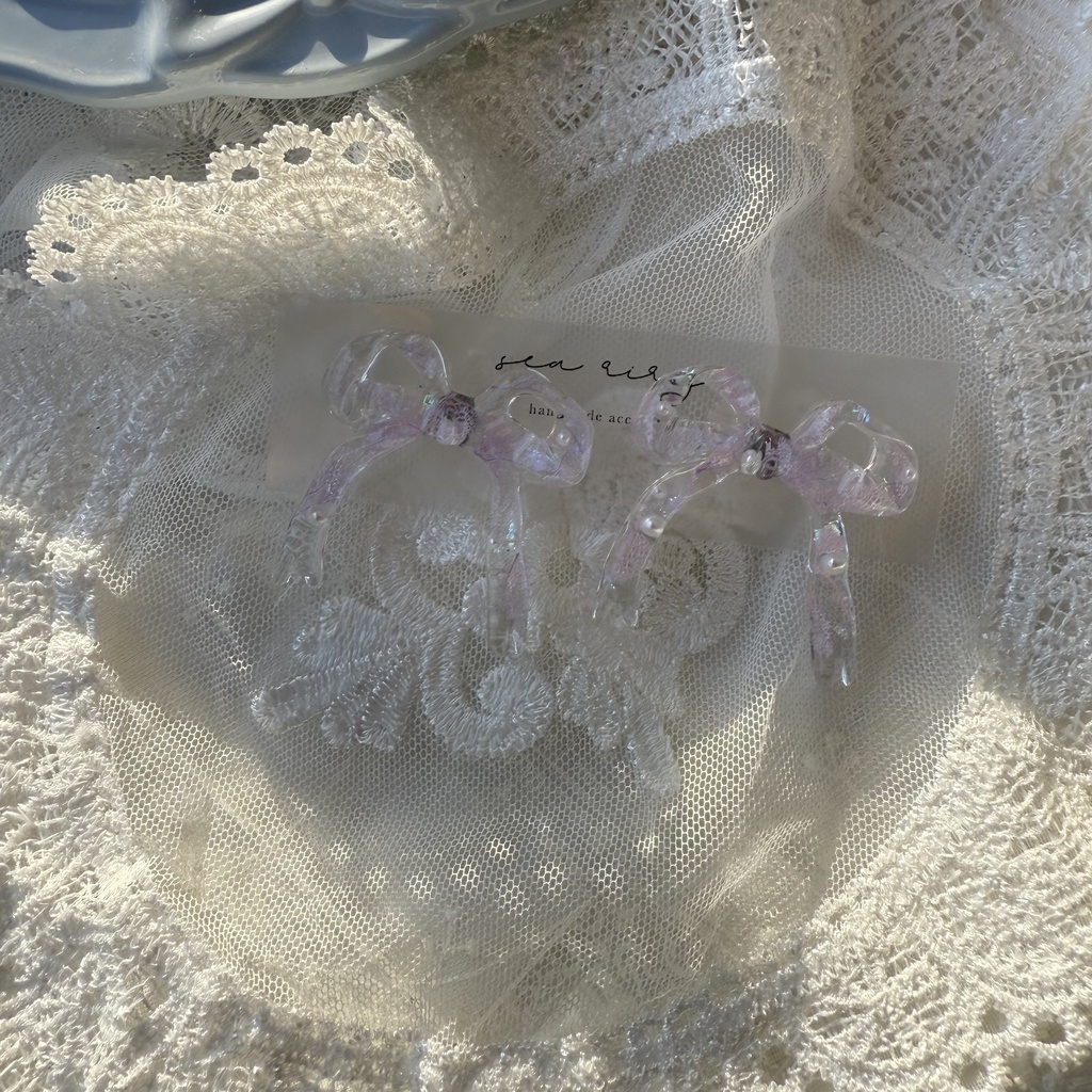 no.223  紫陽花とパールのリボンピアス  本物のお花  パープルライラック パープル リボン  パール  ピアス