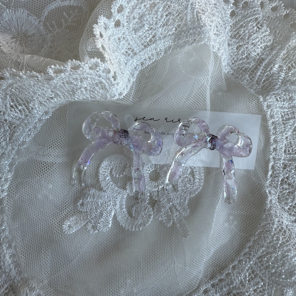 no.223  紫陽花とパールのリボンピアス  本物のお花  パープルライラック パープル リボン  パール  ピアス