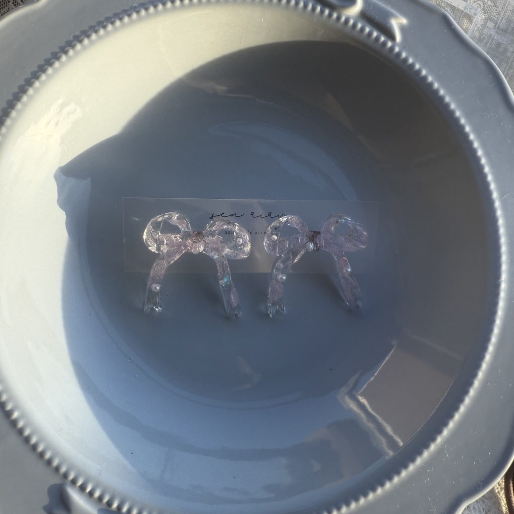 no.223  紫陽花とパールのリボンピアス  本物のお花  パープルライラック パープル リボン  パール  ピアス