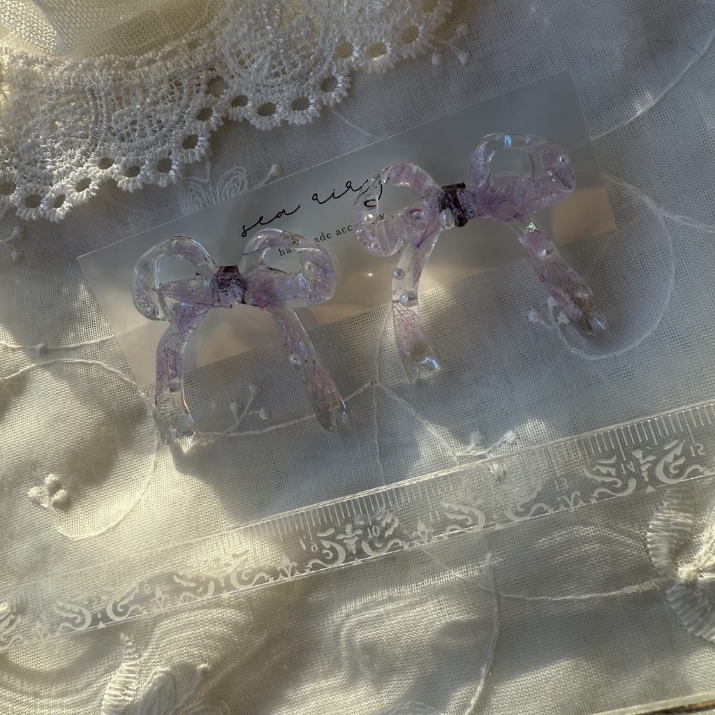 no.223  紫陽花とパールのリボンピアス  本物のお花  パープルライラック パープル リボン  パール  ピアス