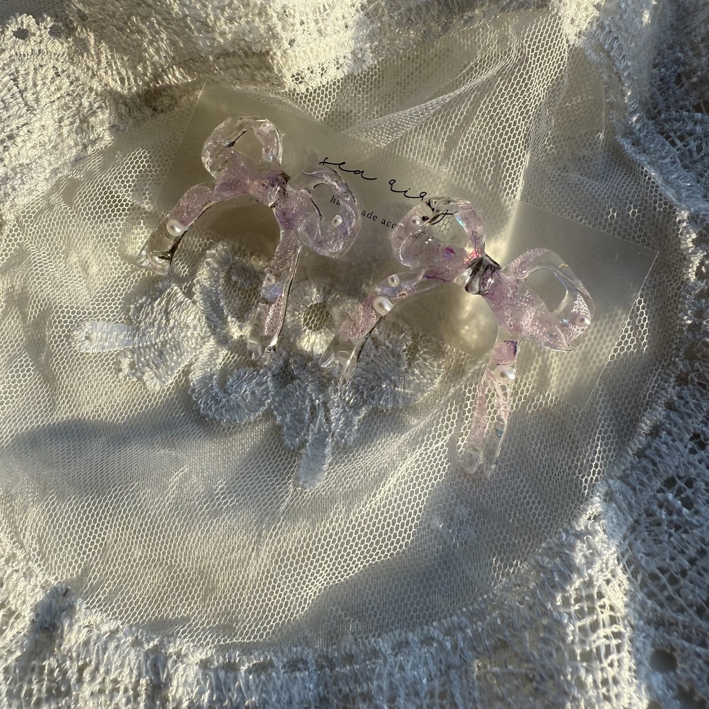 no.223  紫陽花とパールのリボンピアス  本物のお花  パープルライラック パープル リボン  パール  ピアス