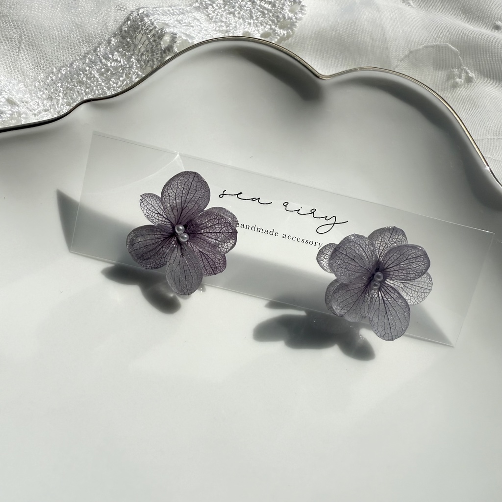 no.227くすみパープルの紫陽花ピアス 本物のお花 紫陽花 アジサイ 紫 パープル むらさき ステンレス ピアス