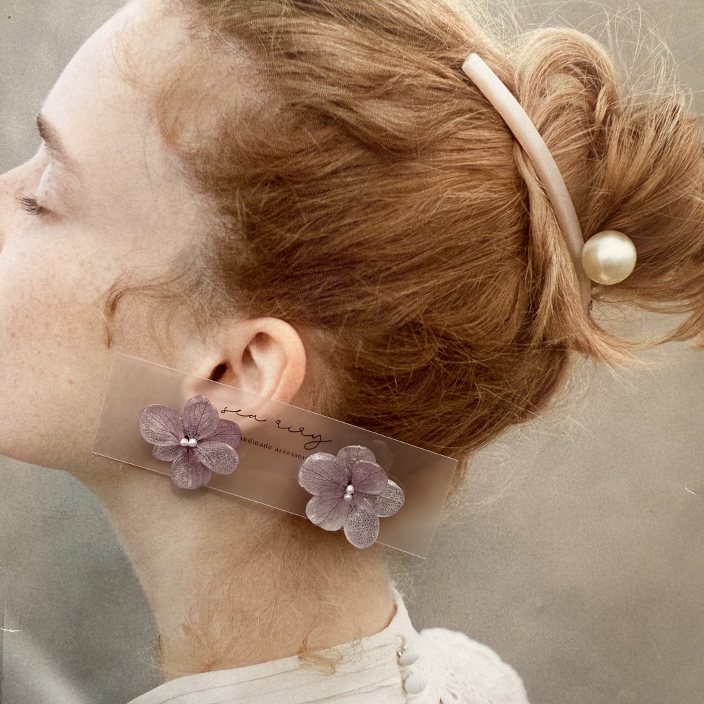 no.227くすみパープルの紫陽花ピアス  本物のお花  紫陽花  アジサイ  紫  パープル  むらさき  ステンレス ピアス